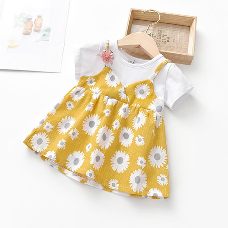 Kids Toddler Round Collar Princess Sundress Summer Casual Baby Girl Dress Newborn Short Sleeve Fake 2 Piece Floral Pattern Dress