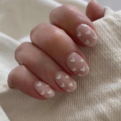 24pcs Press On Nails Simple French Fresh Natural White Love Oval Wearable Nails Pink Translucent Girly Gentle Valentine's Day Manicure