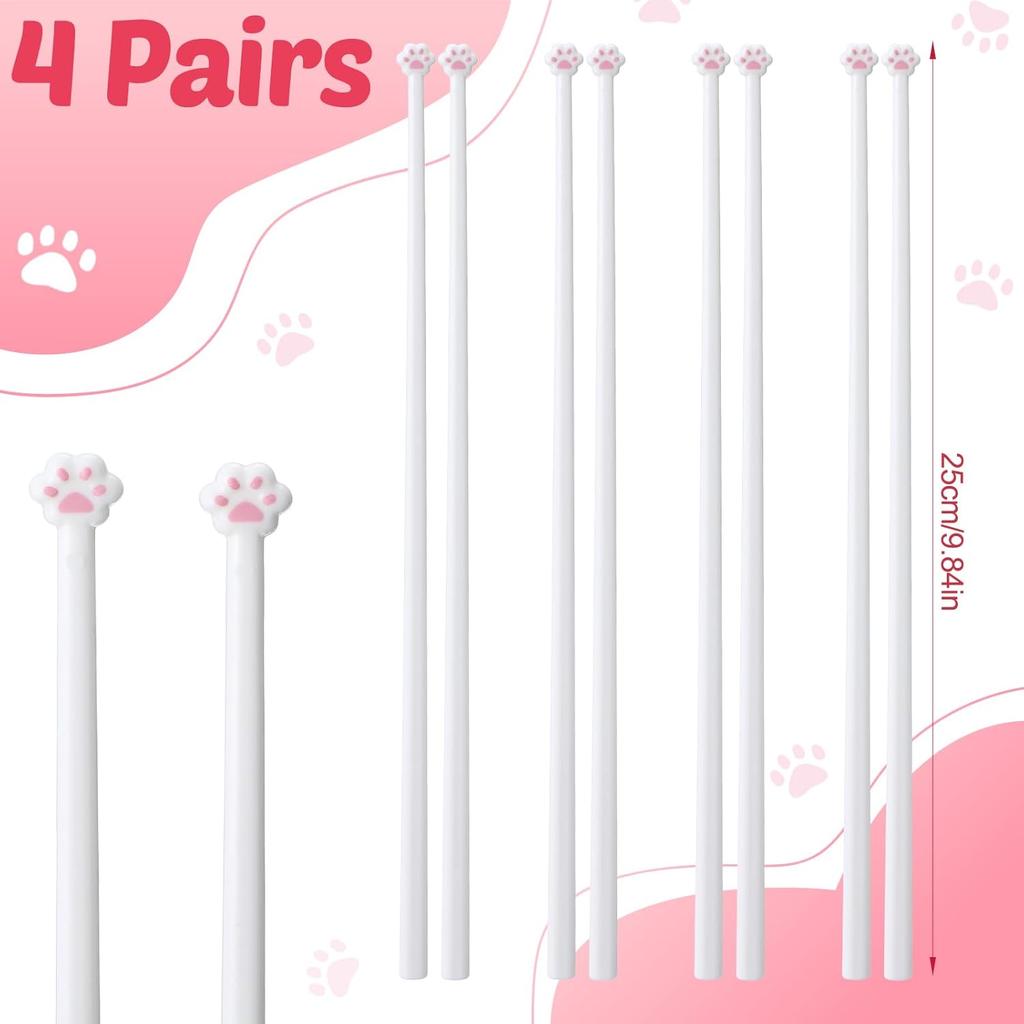 Leinuosen 4 Pairs Cat Paw Chopsticks Pink Paw Prints Reble Non Slip Cute Grip Eating Chopstick with Cat Design Gift for Kitty Themed Party Favors