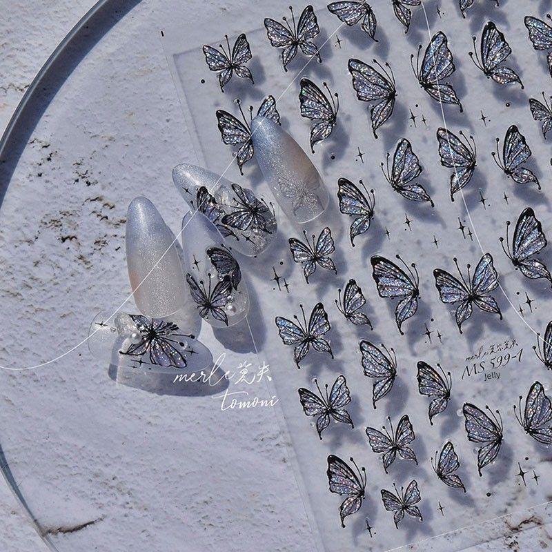 

Dark Black Shiny Butterfly Nail Stickers Tomoni Embossed 5D Nightclub Gothic Style Nail Stickers Decorations Black Butterfly 599-1((Jelly))