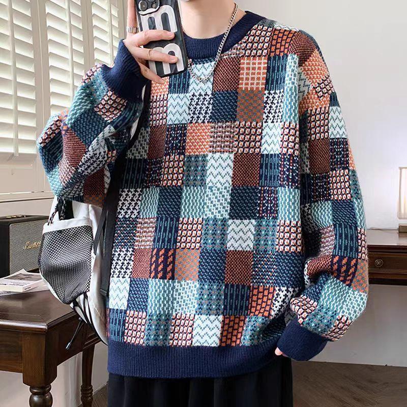 Men's All Match Sweater Casual CoolWarm Thick New Round Neck Loose Base Trendy Checkered Knit Top