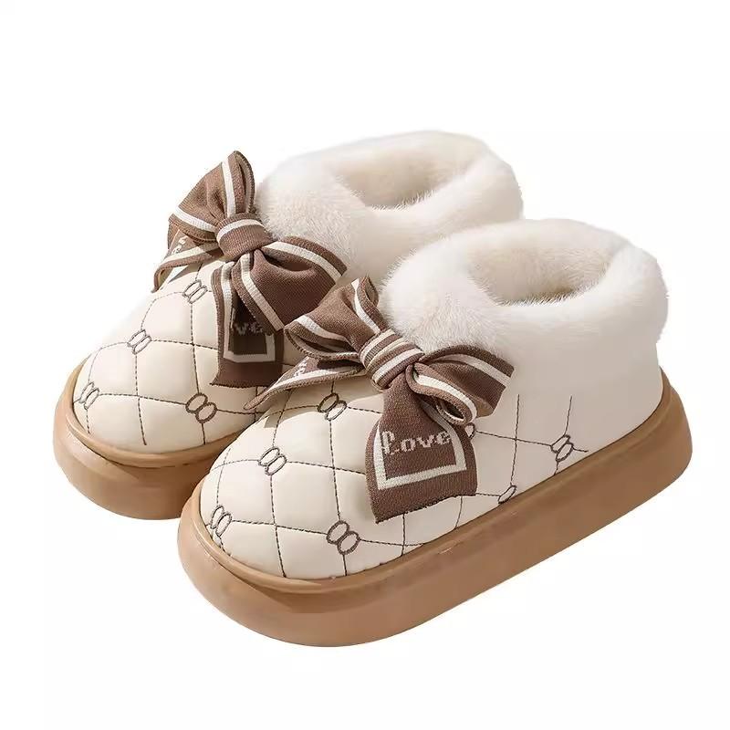 High-heeled cotton slippers, thick-bottomed bag and indoor household fashion versatile bow PU slippers, thickened and warm in winter