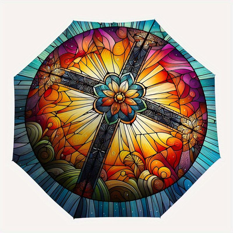 Stained Window Art: Vibrant Circular Design for Home DecorUmbrella, Portable 3-Fold Compact Umbrella for Men & Women Gift