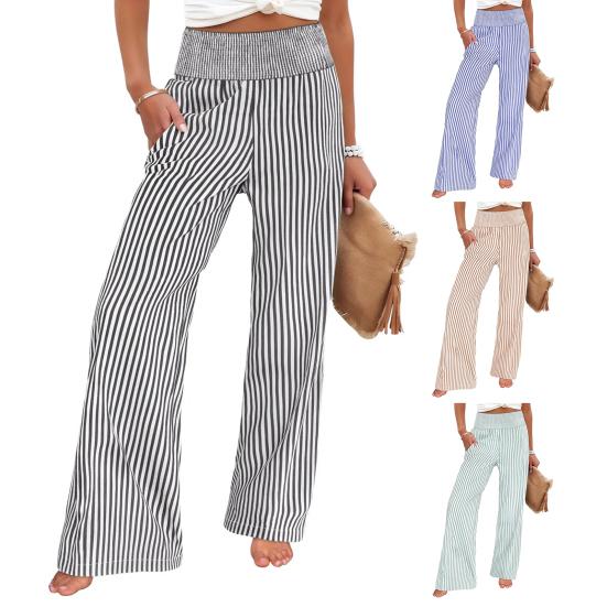 Women Pants Striped Print Wide Leg Trousers with Pockets Loose Fit Elastic High Waist Casual Pants Work Travel Daily Wear