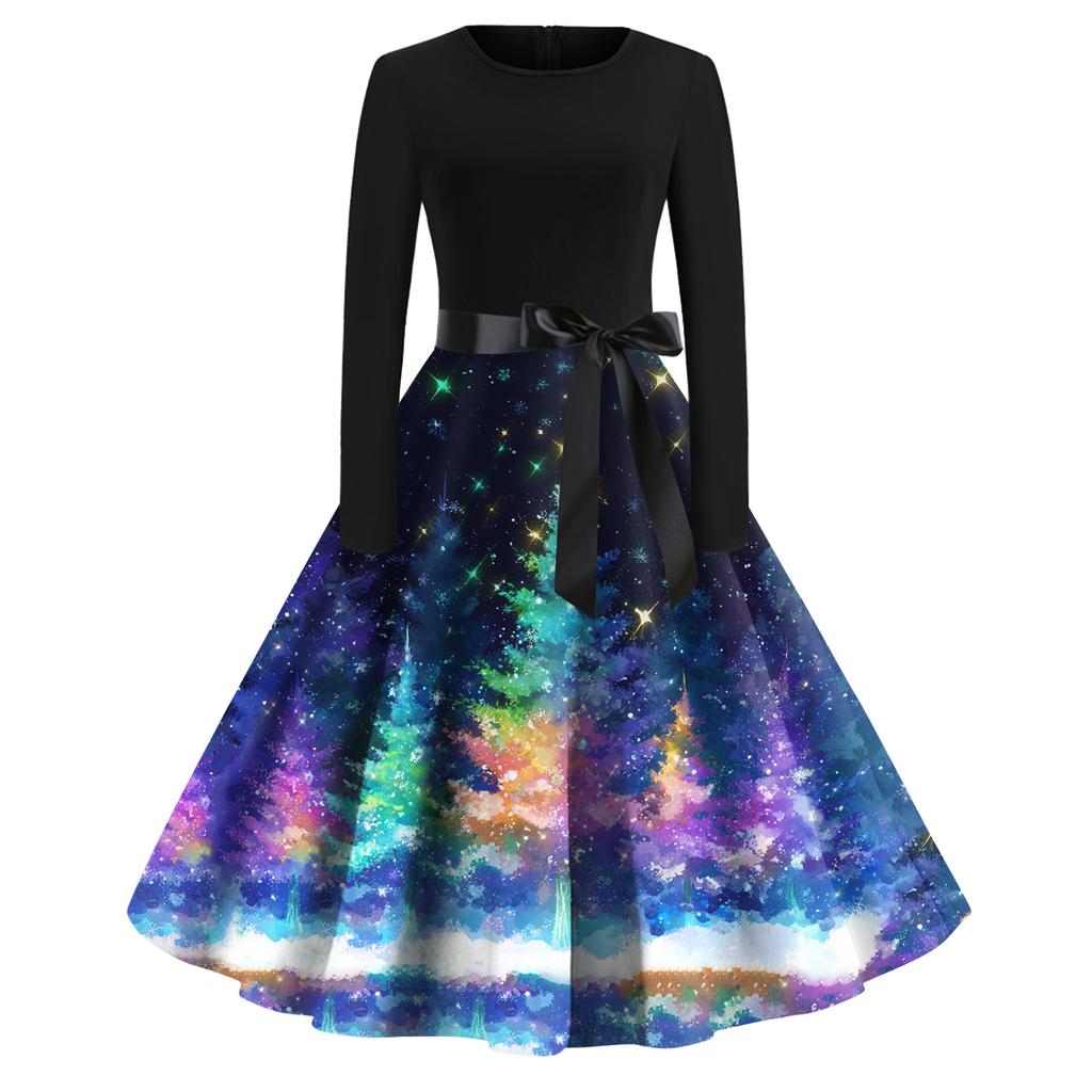 Dámské módní ležérní šaty s kulatým výstřihem a halloweenským potiskem s dlouhým rukávem