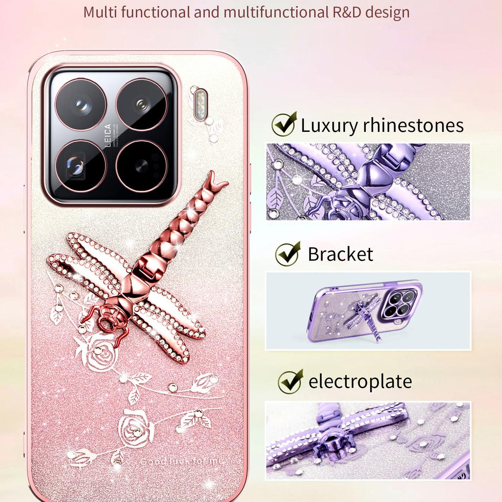 KADEM For Xiaomi 15 Pro Case Dragonfly Kickstand TPU Flowers Glitter Phone Cover
