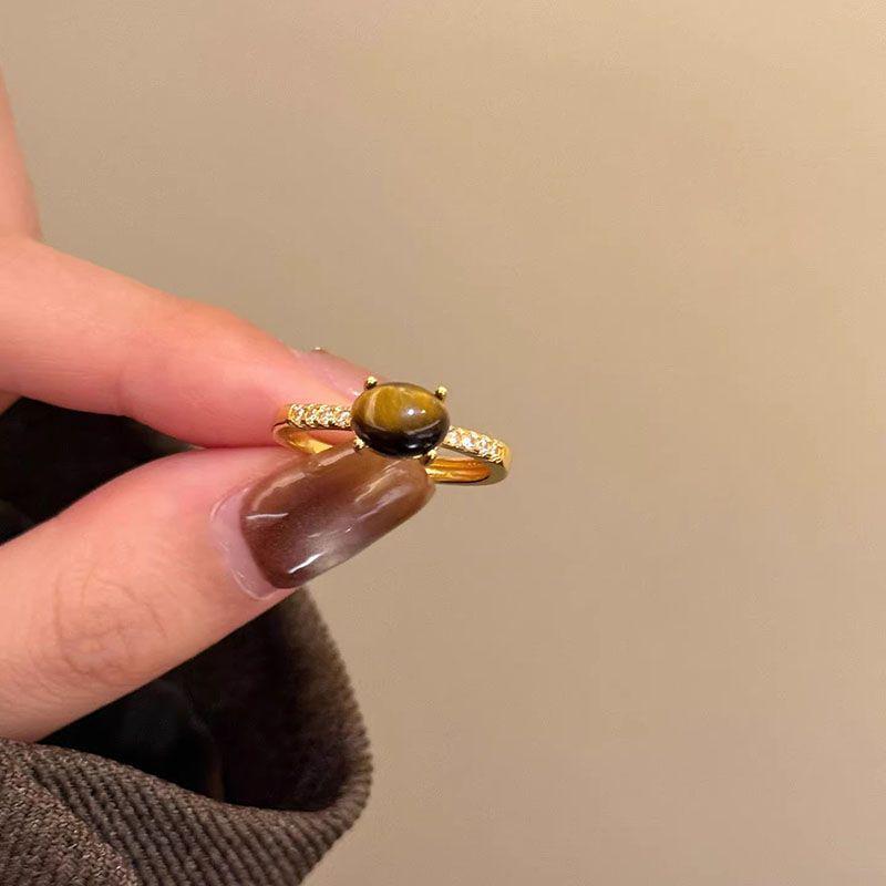 Monica Niche Women s Rose Gold Ring: Elegant Brushed Tiger s Eye & Micro-Paved Zirconia One Size