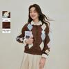 INMAN Women's Short Collegiate Argyle Knit Cardigan