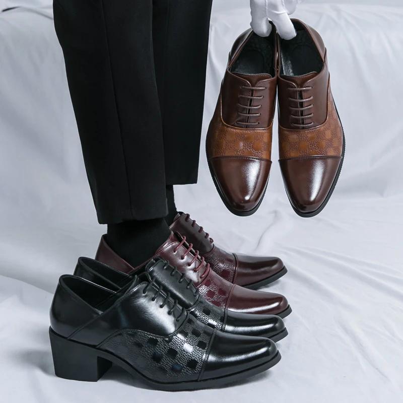 Pánské ležérní kožené boty 5cm vysoké kožené boty na silném podpatku Klasické špičaté společenské boty Svatba boty pro muže