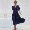 Women Casual Summer Fall Long Dress V Neck Short Butterfly Sleeve Bandage Belt Solid Color Sizes S to XXL