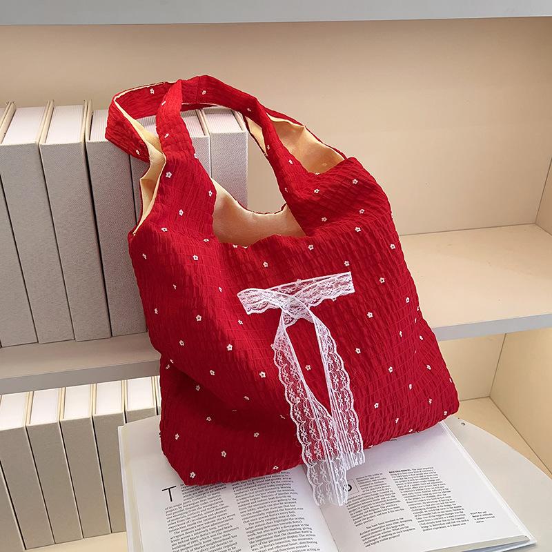 

2025 spring and summer new mesh shoulder bag fairy wind lotus leaf edge handbag female large-capacity vacation chiffon bag червоний