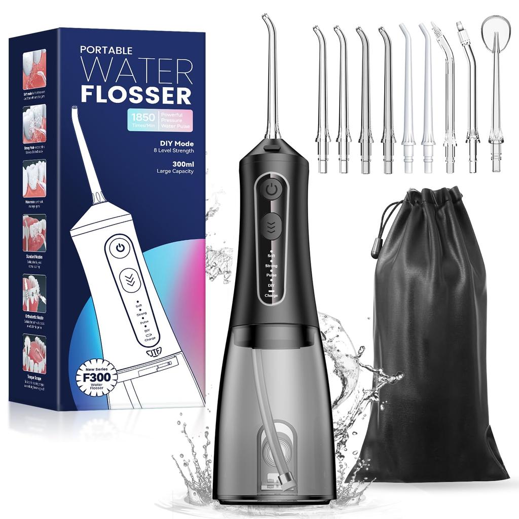 JTF Cordless Portable Oral Irrigator Jet Washer with Compact 300ml Large Capacity 9 Replacement Nozzle Storage IPX7 Storage for Home and Travel Black