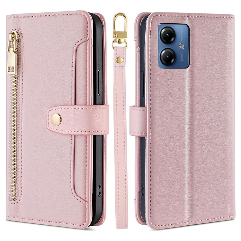 

For Motorola Moto G14 4G Case Zipper Pocket Leather Phone Stand Cover with 2 Straps Pink