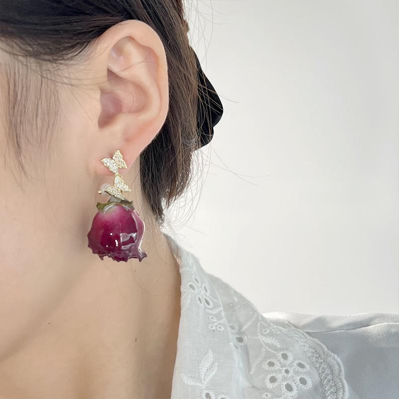 Dried Rose Earrings - Retro Port Style Niche Design - Premium Everlasting Flowers Double Butterfly Shell Bead Earrings