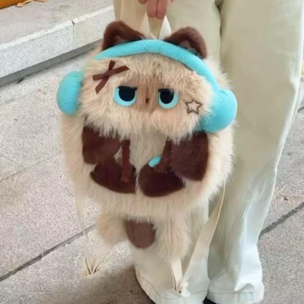 Cute Siamese Cat Plush Backpack Kawaii Student School Bag Simulation Animal Shoulder Bag  Shopping