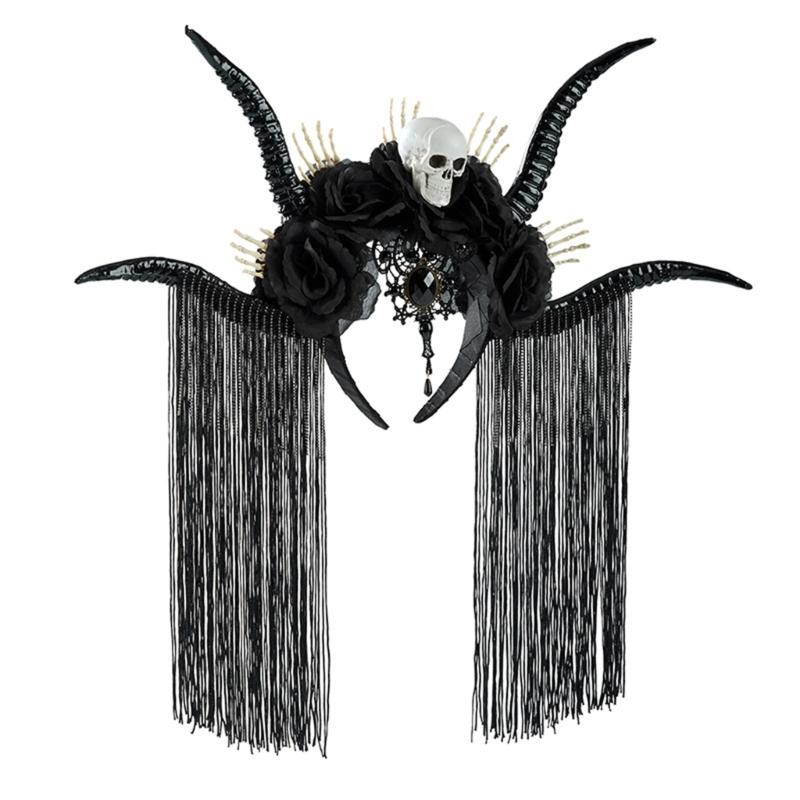 

Halloween Hairhoop Skull Flower Antelope Horn Headpiece Dark Punk Hair Accessory For Women Teens Party Costume Accessory чёрный