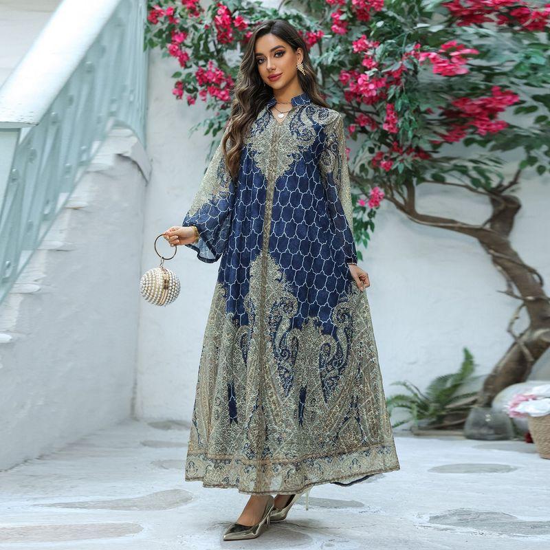 

2025 Ближний Восток Трансграничный Женская одежда Халат Вышитая ткань Горячая печать Дубай Длинное платье Модное платье Платье Blue S