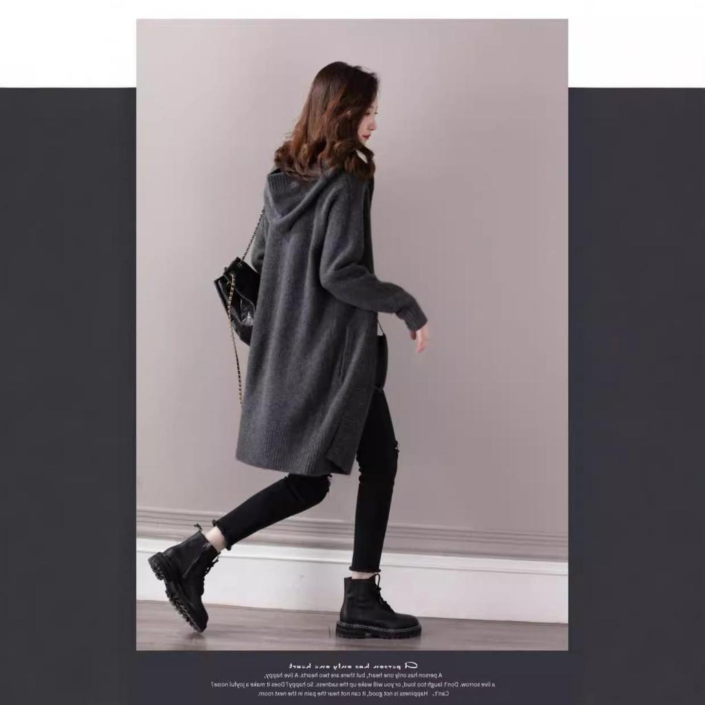 Women's Thicker Long Hooded Wool Cardigan - Warm, Loose Fit Cashmere Knit Outerwear