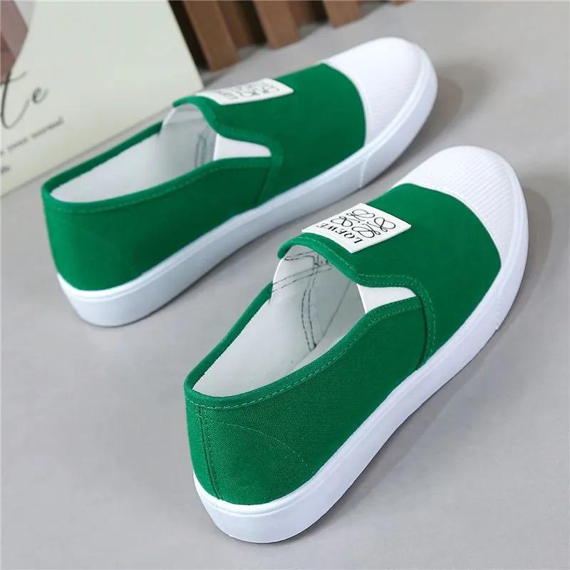 women fashion round toe anti skid spring slip on green canvas shoes lady student school black comfort loafers ab500