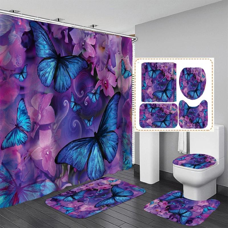 

Modern Style Flower Durable Waterproof Shower Curtain Set Toilet Seat Cover Bath Nonslip Mat Rug Carpet Bathroom Decor Washable W60H190(CM)-1 Pcs