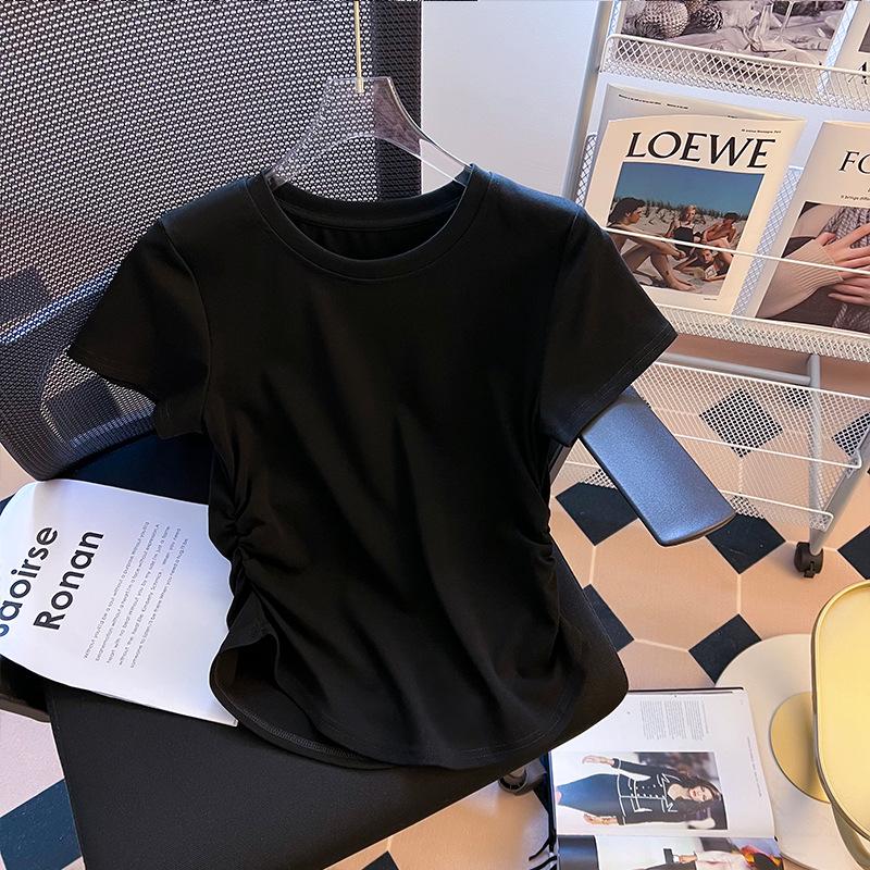 Women's Summer 2024 Ruched Waist Irregular Short Sleeve Round Neck T-Shirt