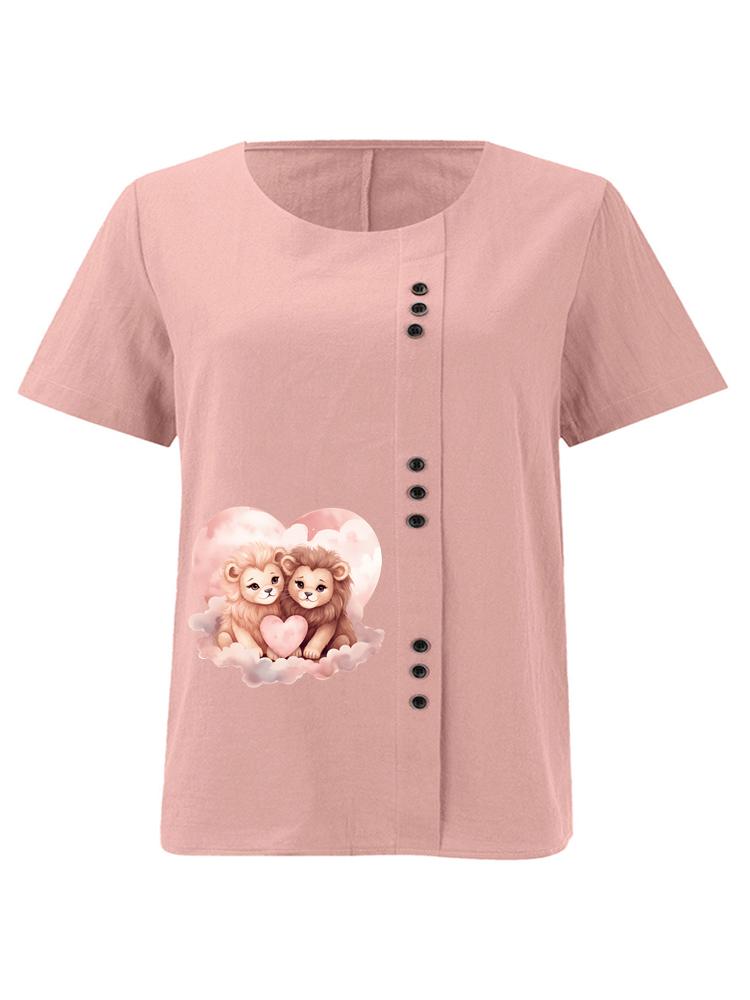 

Women s Fashion Couple Lion Print Round Neck Short Sleeve T-shirt Casual Cotton Linen Graphic Shirt Leisure Loose Summer Blouse Tops S розовый