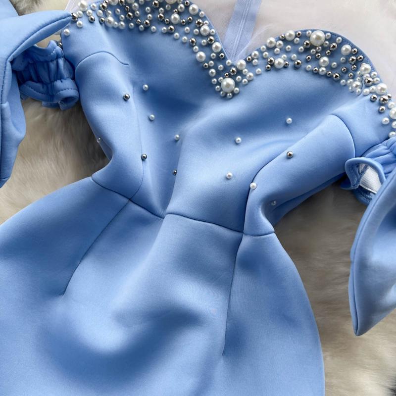 Elegante abito da sera in rete con fiocco in pietra con strass Abito da donna blu chic a maniche corte alla moda Abiti spaccati Abito da donna a vita alta con tromba di base 2024