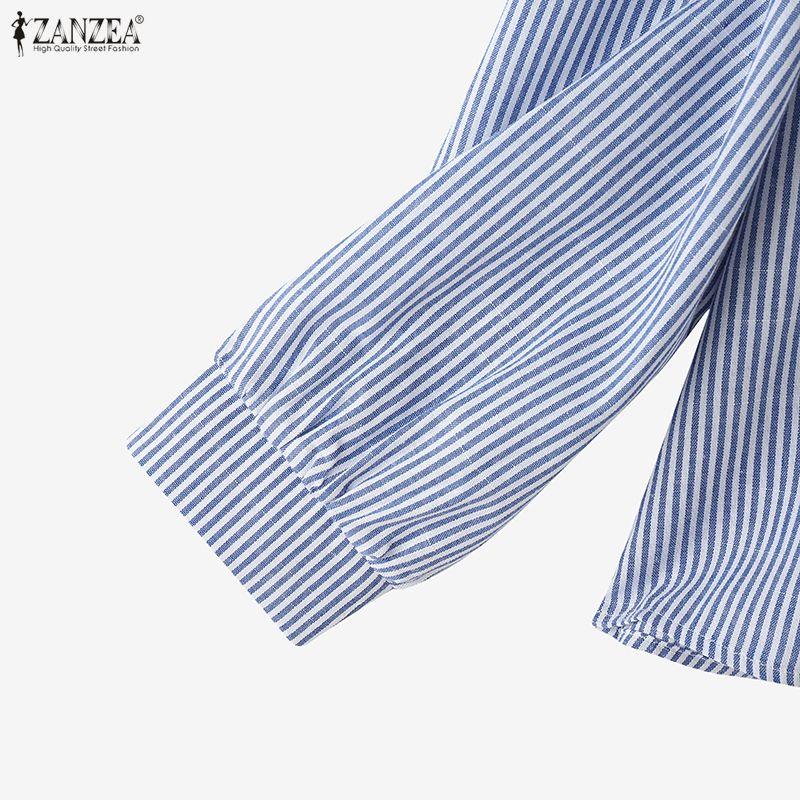 ZANZEA Women Casual V-Neck Loose Long Sleeve Stripe Blouse