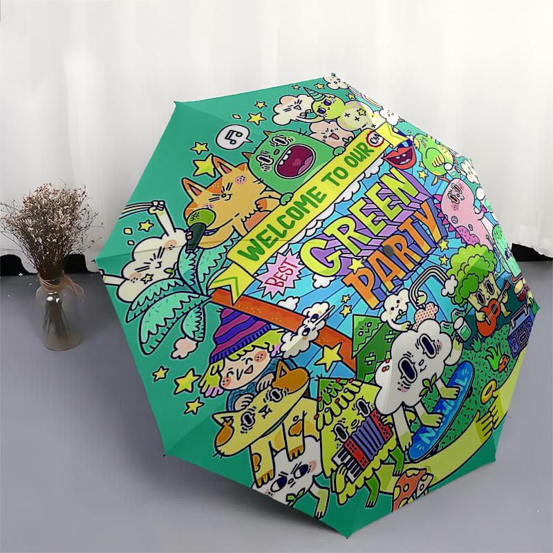 1pc Outdoor Umbrella with "Welcome to Our Green Party" Print - Automatic Opening/Closing Umbrella with Portable Tri-Fold Design, 8-Rib Iron Frame