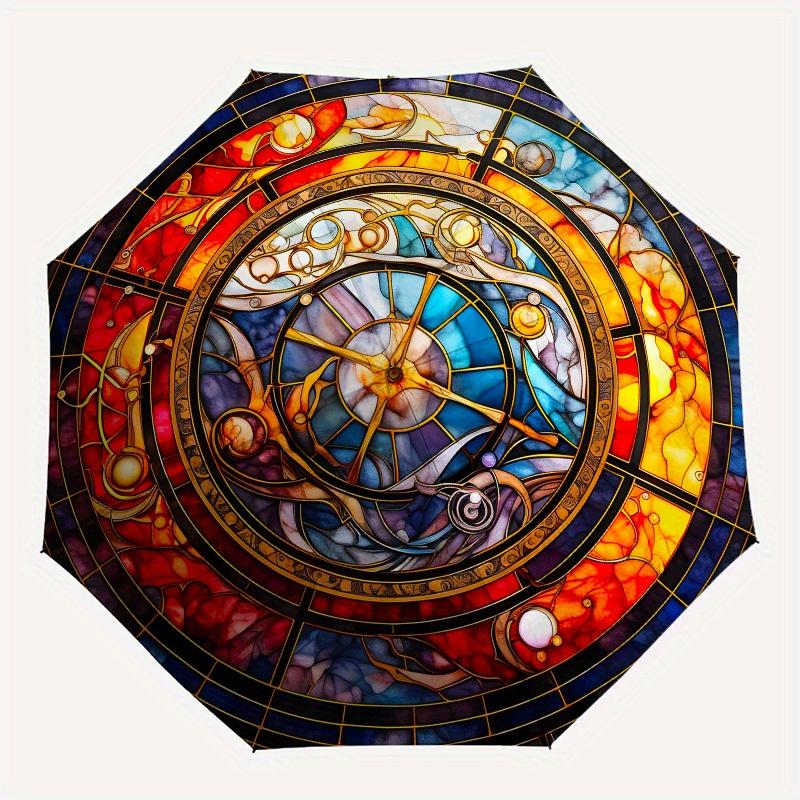 Kreisförmiges Buntglas-Kunstwerk: Regenschirm mit lebendigen Farben und filigranen Designs, Niedlicher Regenschirm mit süßem Design, Tragbarer 3-fach kompakter Regenschirm für mich