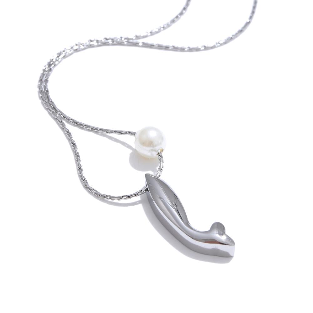 

Yhpup 2025 Simulated Pearls Metal Fish Pendant Necklace Stylish Unique Stainless Steel Creative Collar Jewelry for Women