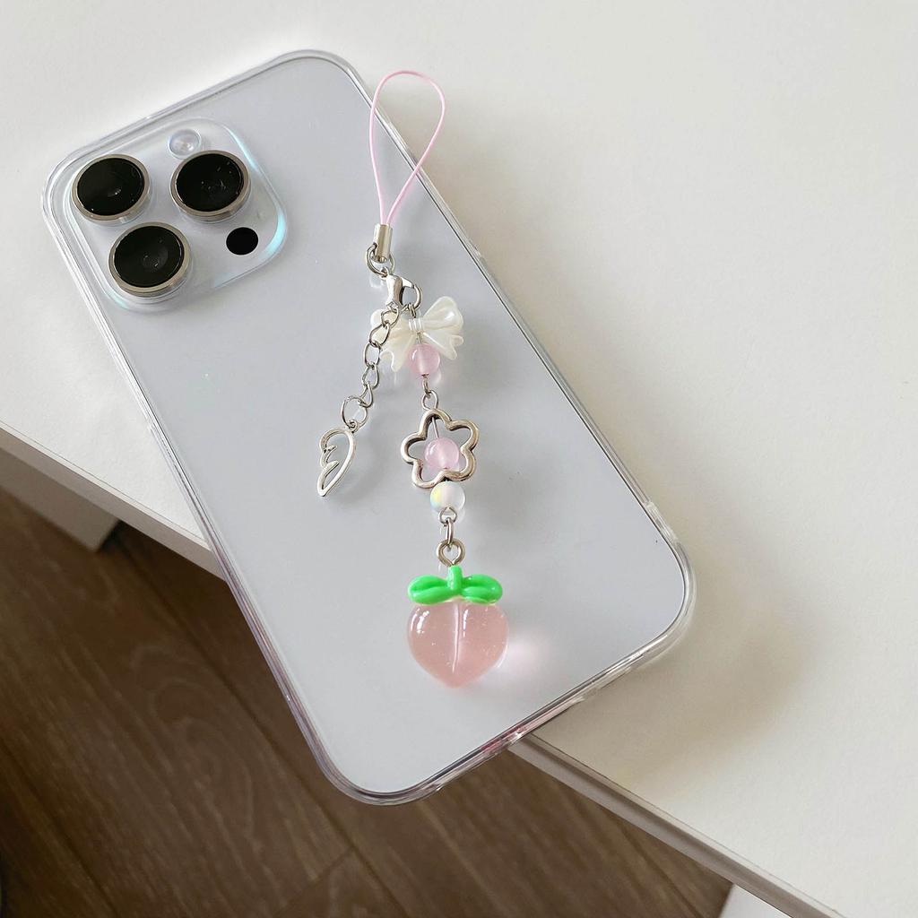 Cute Peach Phone Charm Stylish Keychain Pendant Bowknot Flower Beaded Keyring Personalized Accessory for Women and Girls