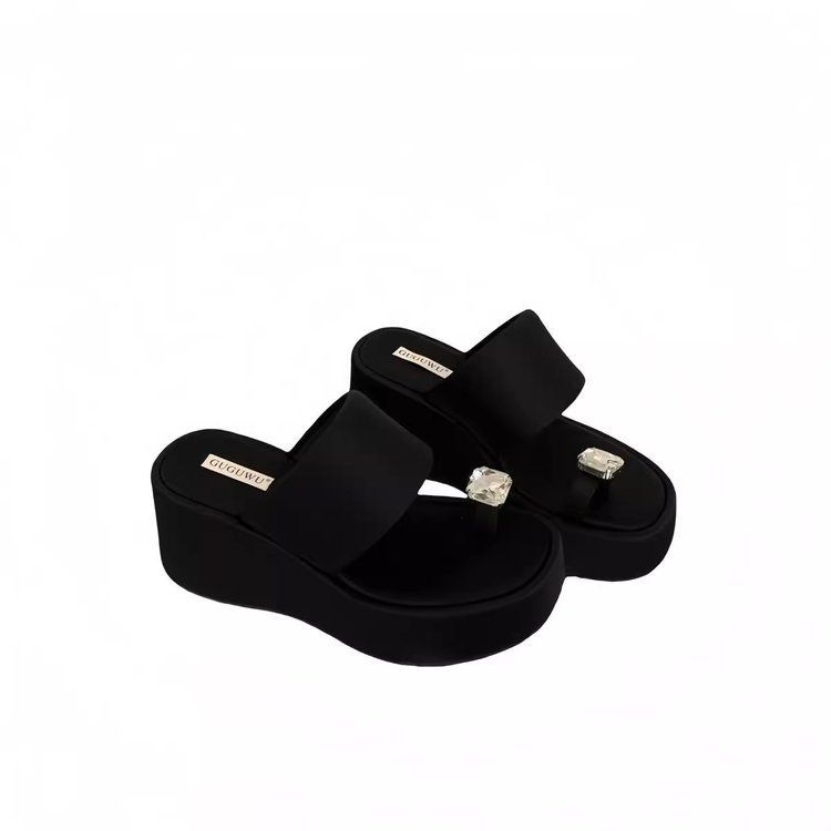 Wedge heel heel heightened thick-soled transparent belt one-word slippers women's shoes wear 2025 summer fashion temperament cool slippers