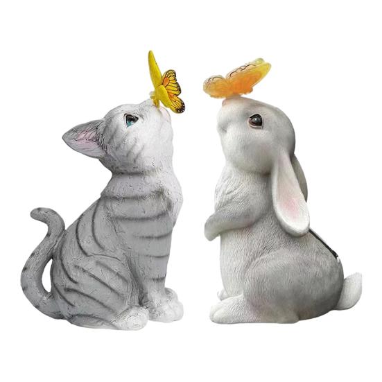 Cat Statue Solar Light, Outdoor Kitten Bunny Butterfly Sculpture Garden Light, Waterproof Solar Resin Animal Light for Pathway Yard Patio