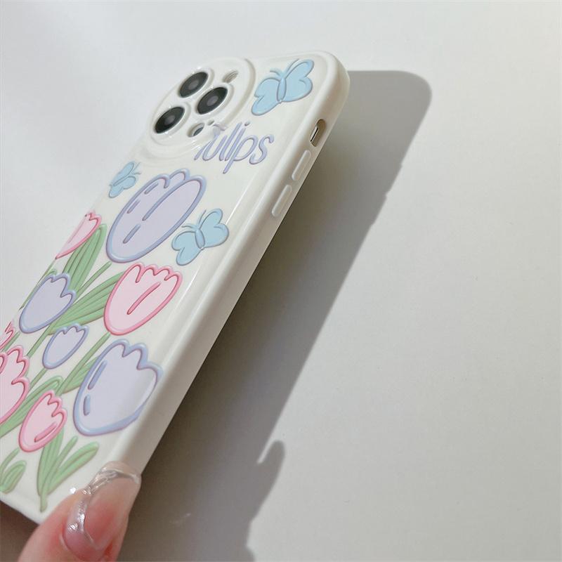 Świeży słodki biały kremowy tulipan motyl pełna krawędź miękka anty-upadek shell dla iphone 1411 13 Promax Xxs Xr 7 8 Plus etui na telefon 1129