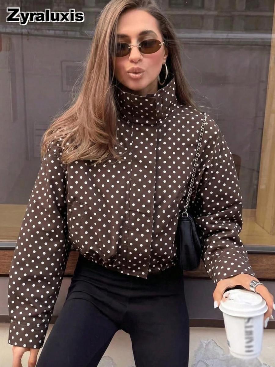 Damen Herbst Neue Mode Gepunkteter Langarm Lockerer Taschen Jackenmantel S kaffeebraun