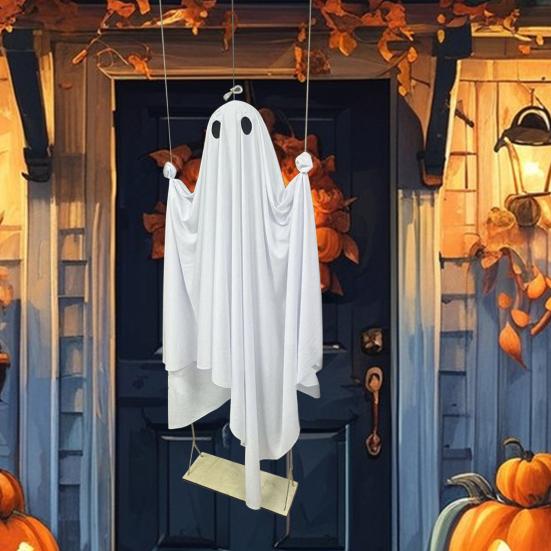 5 FT Hanging Swing Ghost Halloween Decoration LED Lighted Outdoor Large White Ghost Swinging Halloween Decor for Yard Tree Front Porch