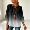 Women's V-Neck Loose Fit Three-Quarter Sleeve Gradient Print T-Shirt Top for Casual Everyday Wear