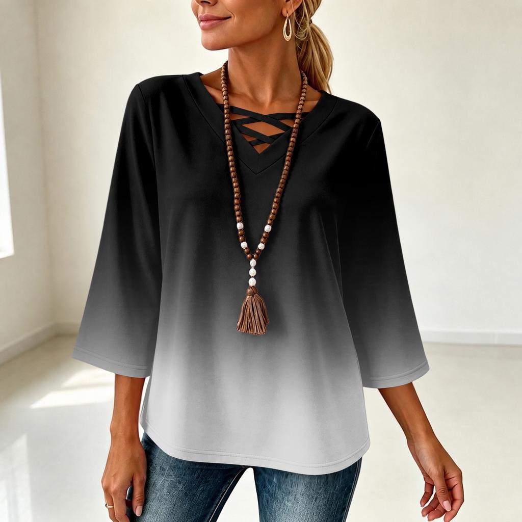 Women's V-Neck Loose Fit Three-Quarter Sleeve Gradient Print T-Shirt Top for Casual Everyday Wear