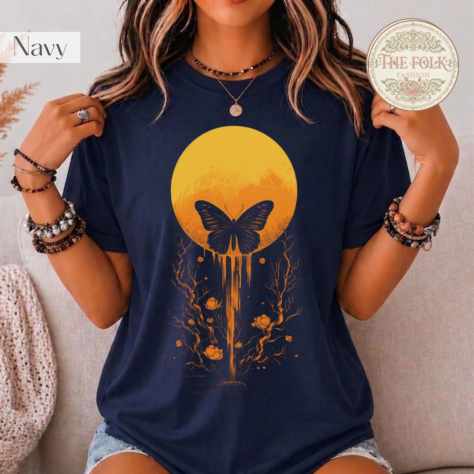 Mystical Butterfly Shirt, Vintage Full Moon Tee, Celestial Witchy T-shirt, Gothic Nature Outfits, Boho Butterfly Tee, Halloween Floral Shirt L