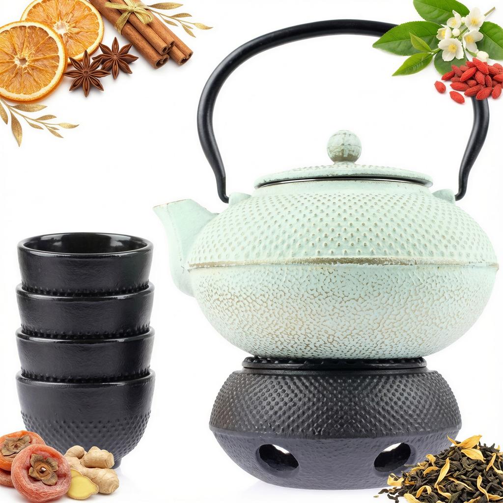 CAST IRON KETTLE 1.5L TEA POT WITH TEA INFUSER + 4x CUPS WARMER