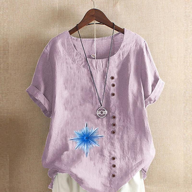 Women's Fashion snowflake Prined Round Neck Short Sleeve T-shirt Casual Cotton Linen Graphic Shirt Leisure Loose Summer Blouse Tops Plus Size