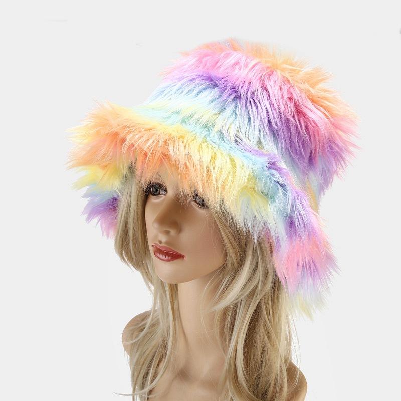 Autumn and Winter European and American Personality Trend Colorful Long Hair Bucket Hat Fur Rainbow Gradual Change Basin Hat Fan Hat