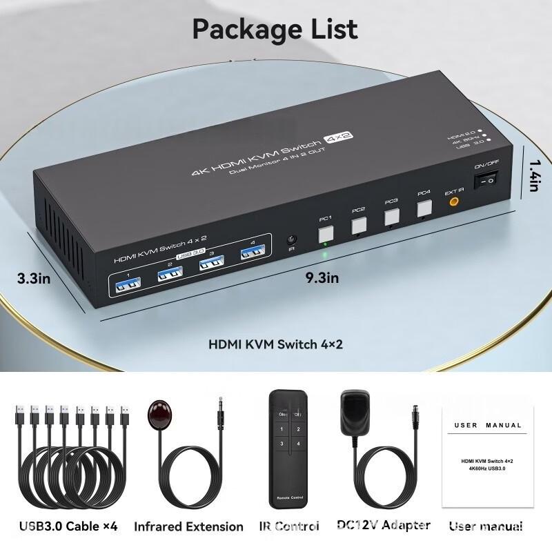 4-Port Dual Monitor HDMI USB 3.0 KVM Switch