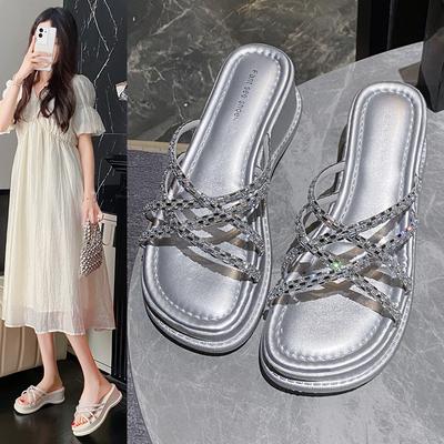 Plateausandalen mit dicker Sohle und Strass für Damen, Keilsandalen für draußen, 2024 Sommerschuhe, Mode-Plattform, hoher Absatz, Damen-Pantoletten
