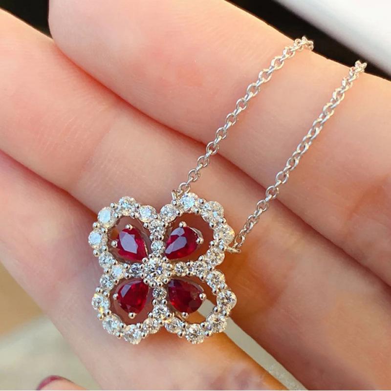 Elegant Peach Red Gemstone Clover Necklace with Crystals for Women - Light Luxury Hollow Design Clavicle Chain