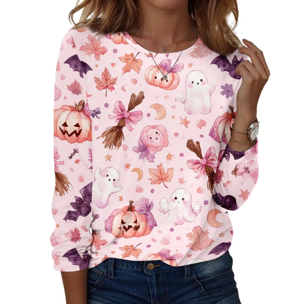 Women's Fashion Casual Long Sleeve Halloween Print Pullover Sweatshirt Crew Neck Top for Fall Seasonal Wear