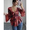 Fashion Square Collar Sweet Flower Printed Women Blouse Blending Tie Long Sleeved Shirt Ladies Loose Irregular Tops Elegant Slim Fit Casual Clothing