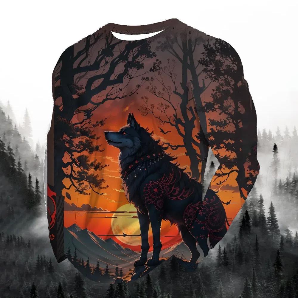 2024 men's fashion print round neck long sleeve party autumn sports casual pullover men 3d lonely wolf blue print tops