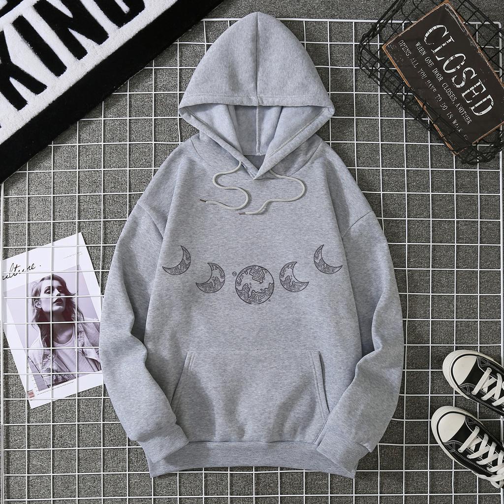 Hot Casual Versatile Loose Hooded Moon Sweater Fleece Jacket Women's Clothing